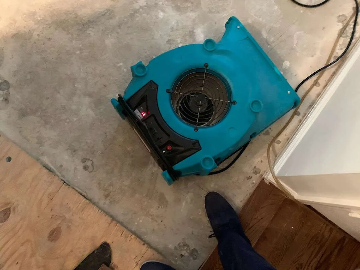 Air mover drying subfloor during Commercial Water Damage Restoration in Litchfield